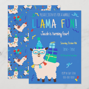 Invitation Animaux de fête Lama Garçons d'anniversaire Bleu