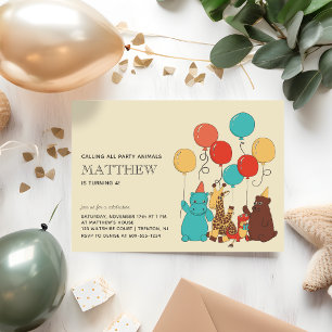 Invitation Animaux de fête Ours, Girafe, Hippopotame Annivers