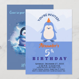 Invitation Animaux de fête pingouins aquarelle bleue moderne