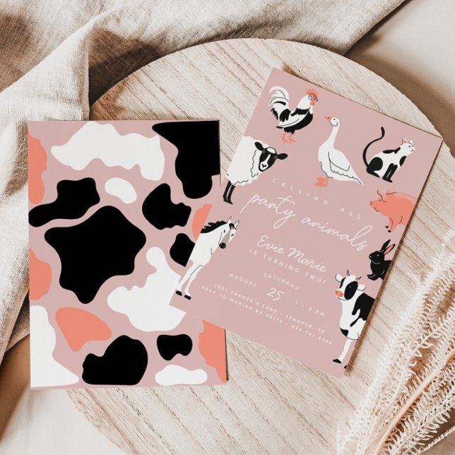 Invitation Animaux de fête | Pink Kids Cow Imprimer Animaux d (Fully customizable colors for background, text & animals!)
