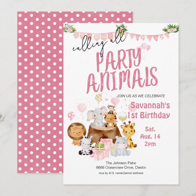 Invitation Animaux de fête rose Anniversaire (Devant / Derrière)