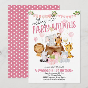 Invitation Animaux de fête rose Anniversaire