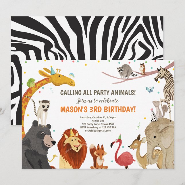 Invitation Animaux de fête Safari Fille Garçon Animaux Annive (Devant / Derrière)