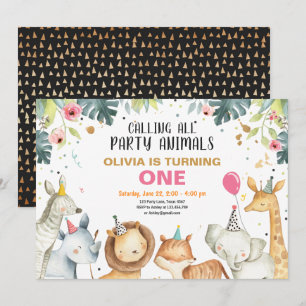 Invitation Animaux de fête Safari Gold Girls Animals Annivers