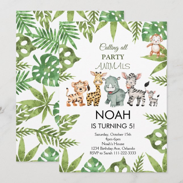 Invitation Animaux de fête Safari Jungle Anniversaire Invitat (Devant / Derrière)