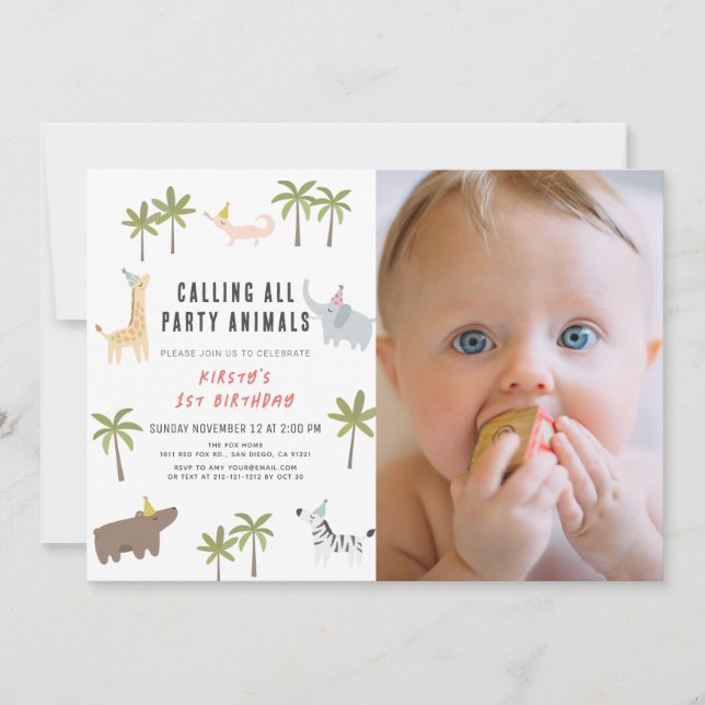 Invitation Animaux de fête Safari photo 1er anniversaire (Devant)