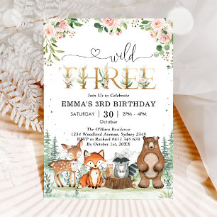Invitation Animaux de fête sauvage Trois en forêt 3e annivers