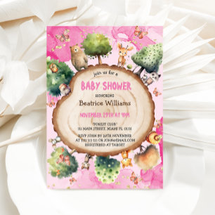 Invitation Animaux de forêt aquarelle Rose Fille Baby Shower 