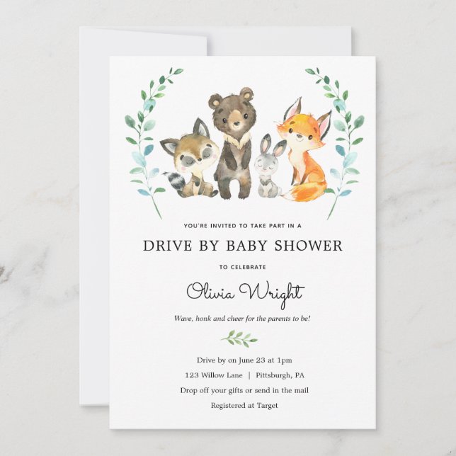 Invitation Animaux De Forêt Boisée Conduits Par Baby shower (Devant)