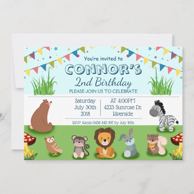 Invitation Animaux de forêt Caricature pour enfants Anniversa (Devant)