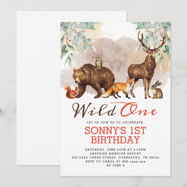 Invitation Animaux de forêt Wild One fête d'anniversaire (Devant / Derrière)