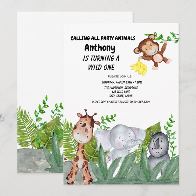 Invitation Animaux de jungle se cachant dans la première (Devant / Derrière)