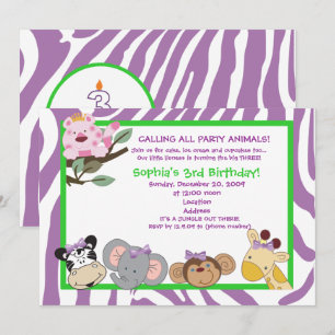 Invitation ANIMAUX DE LA FÊTE Zèbre 3E Anniversaire Jungle 5x