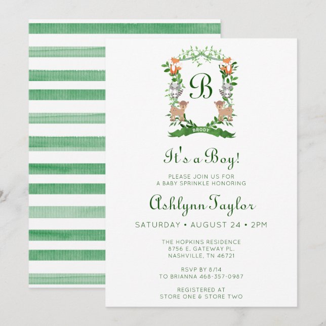 Invitation Animaux de la forêt Crest C'est un garçon Bébé Spr (Devant / Derrière)