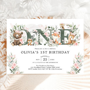 Invitation Animaux de la forêt florale rose pour 1er annivers