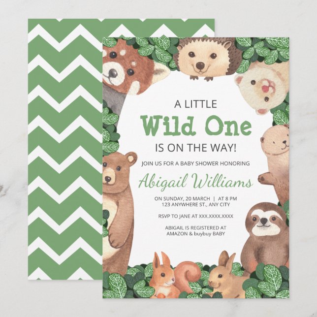 Invitation Animaux de la forêt sauvage avec ours Baby shower  (Devant / Derrière)