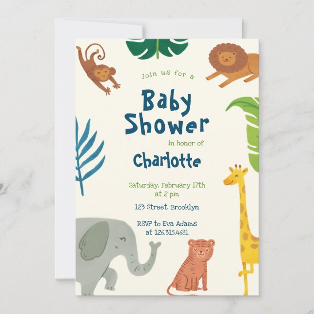 Invitation Animaux de la jungle amusants Baby shower Invitati (Devant)