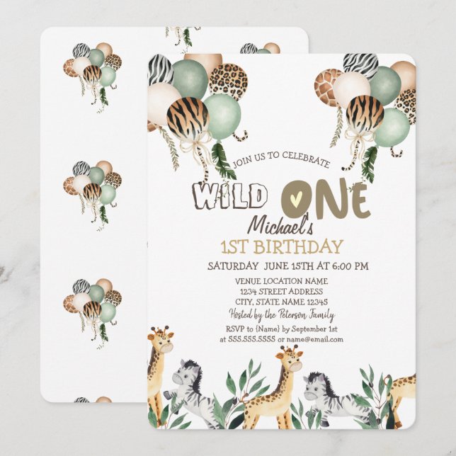 Invitation Animaux de la jungle Ballons 1er anniversaire (Devant / Derrière)