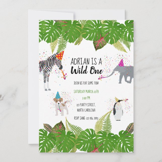 Invitation Animaux de la Jungle drôle et mignonne à Party Wil (Dos)
