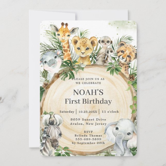 Invitation Animaux de la Jungle Fête d'anniversaire en tranch (Devant)