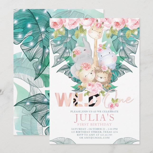 Invitation Animaux de la jungle Premier anniversaire mignonne (Devant / Derrière)