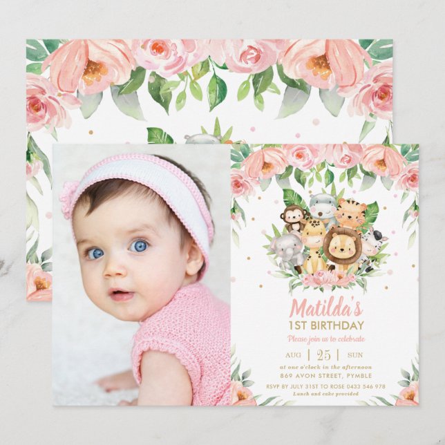 Invitation Animaux de la jungle rose Floral 1er anniversaire  (Devant / Derrière)