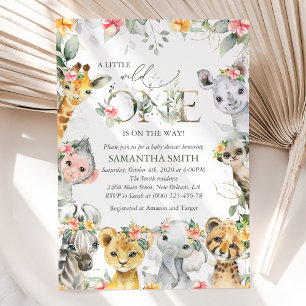 Invitation Animaux de la jungle, Safari, Fleurs, Baby shower