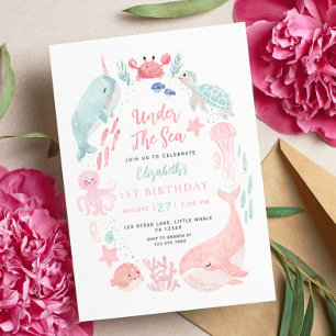 Invitation Animaux de l'océan mignons pour le 1er anniversair