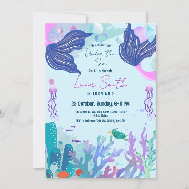 Invitation Animaux de mer Thème Anniversaire Fête de Fille Si (Devant)