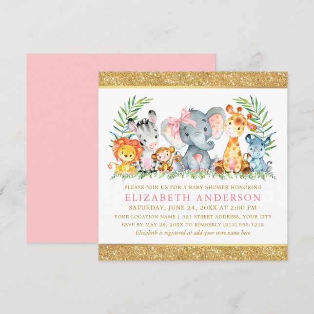 Invitation Animaux de Safari Aquarelle Baby Shower Arc en Ros (Devant / Derrière)