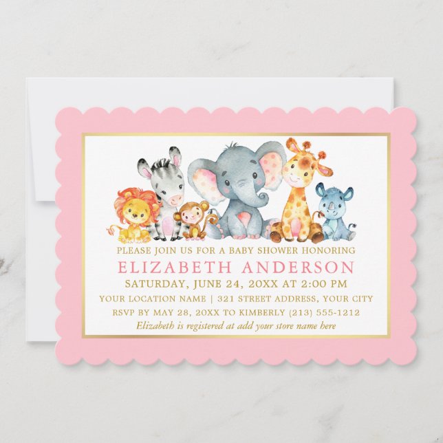 Invitation Animaux de Safari Aquarelle Rose Or Baby Shower (Devant)