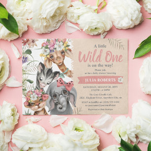 Invitation Animaux de safari mignons Fête bébé Wild One Fille