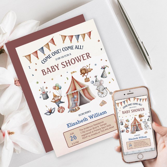 Invitation Animaux de Whimsical Circus Baby shower de fête (Whimsical Animal Circus Party Baby Shower Invitation)