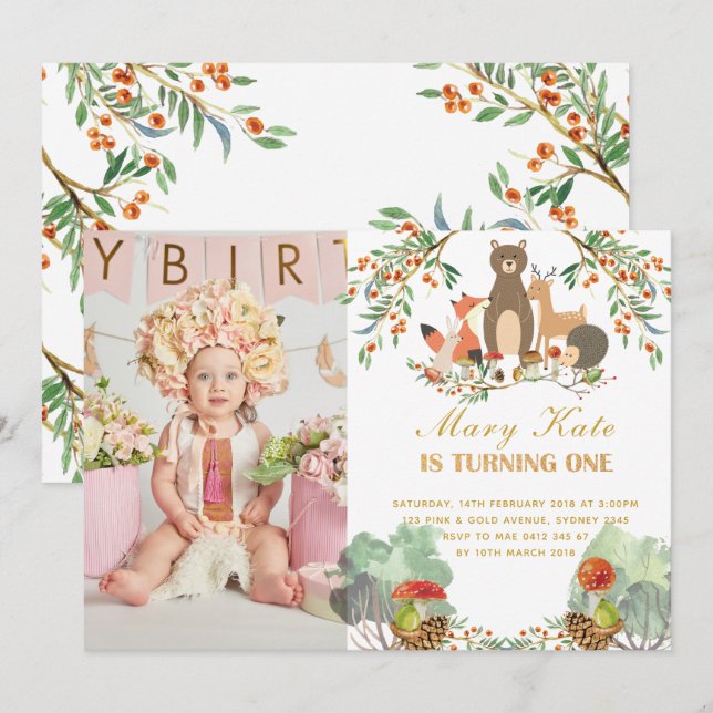 Invitation Animaux des bois 1er anniversaire (Devant / Derrière)