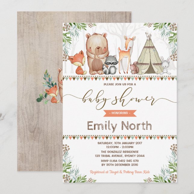 Invitation Animaux des bois Baby shower Forêt amis (Devant / Derrière)