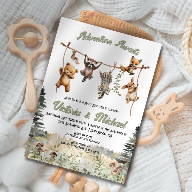 Invitation Animaux des bois Clothesline Baby shower forestier (Créateur téléchargé)
