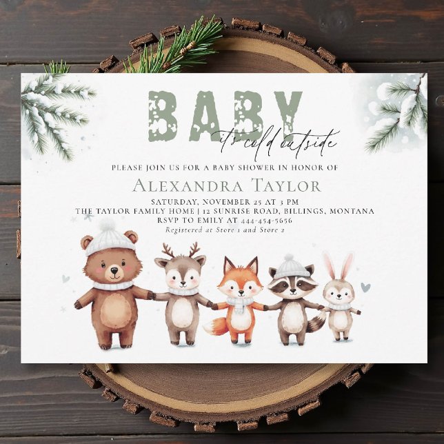 Invitation Animaux des bois Froid à l'extérieur du Baby showe (winter baby shower invitation cold outside cute woodland animals watercolor snow pine watercolor)