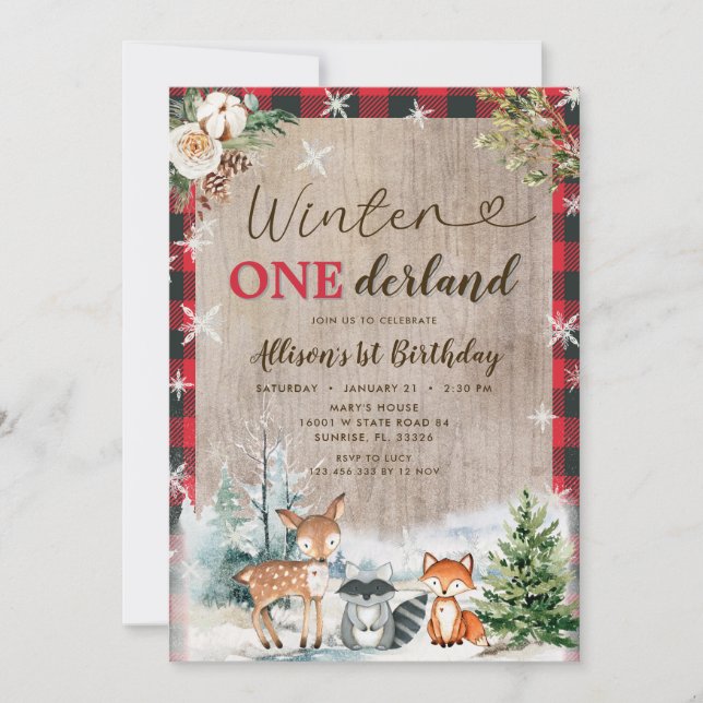 Invitation Animaux des bois Hiver ONE derland 1er anniversair (Devant)