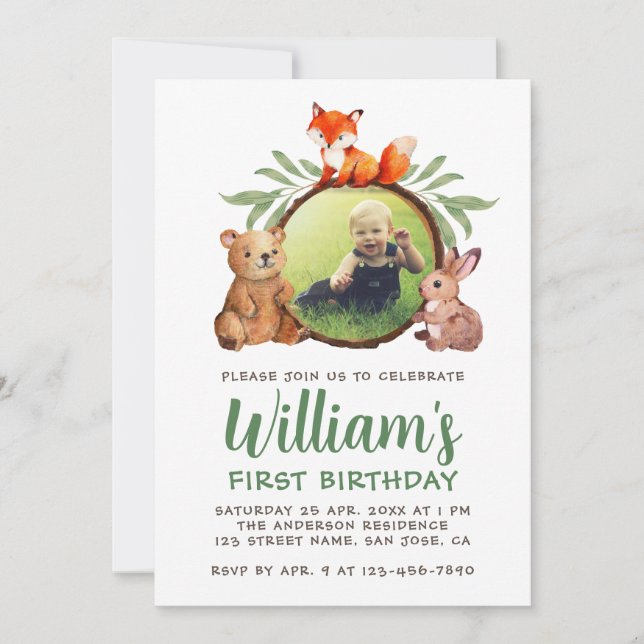 Invitation Animaux des bois Photo 1er anniversaire Renard our (Devant)