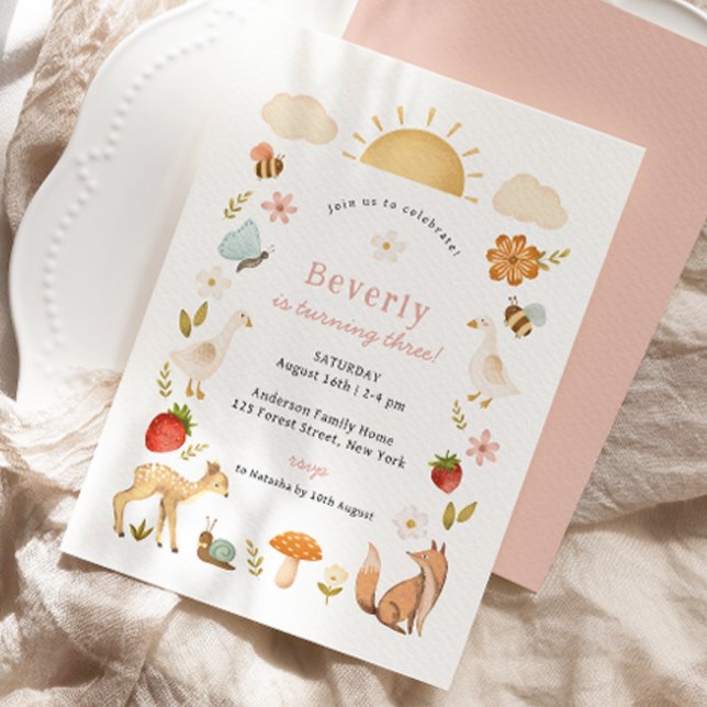 Invitation Animaux des bois rose Anniversaire (Créateur téléchargé)