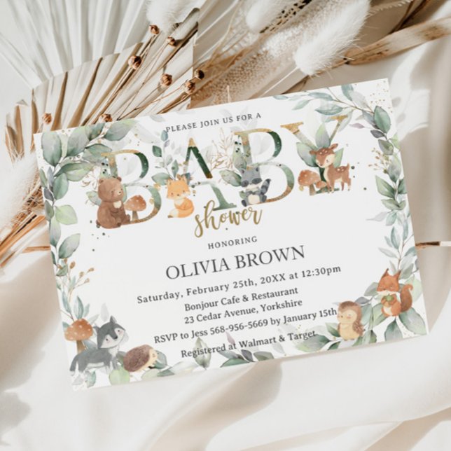 Invitation Animaux des bois Sage Verdure Baby shower neutre (Créateur téléchargé)