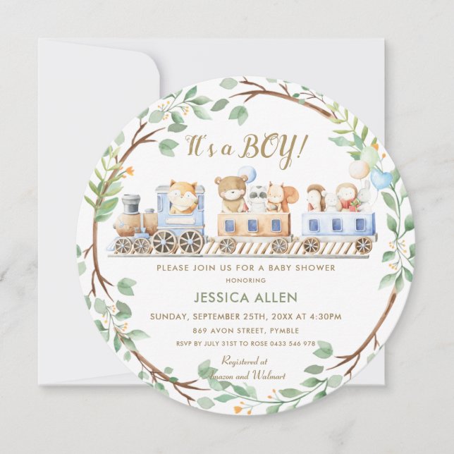 Invitation Animaux des bois Train Baby shower de verdure   (Devant)