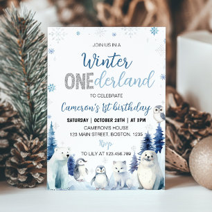 Invitation Animaux d'hiver bleus Onederland 1er anniversaire