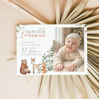 Invitation Animaux d'Hiver Onederland Enfant Photo Premier An
