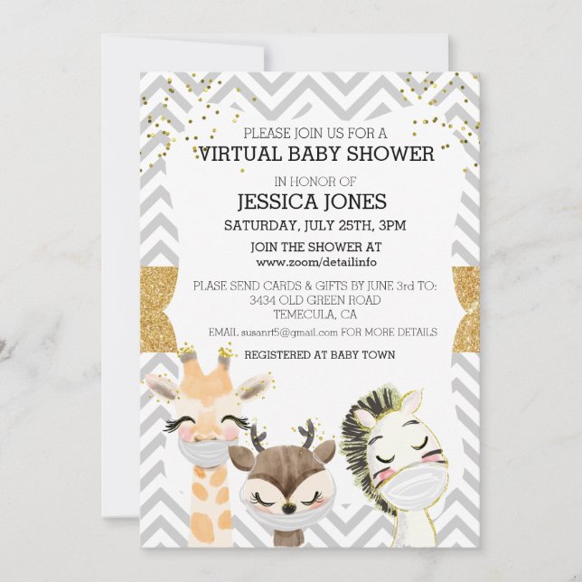 Invitation Animaux en or à chevron virtuel pour Baby Shower (Devant)