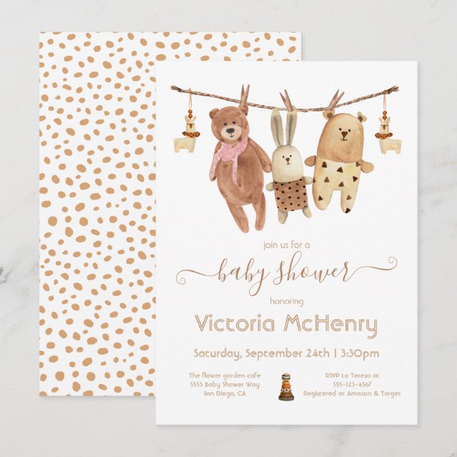 Invitation Animaux en peluche Boho Baby shower de ligne de li (Devant / Derrière)