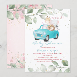 Invitation Animaux en voiture Points Floraux Baby Shower Driv