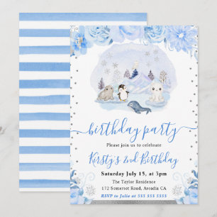 Invitation Animaux enneigés de l'Arctique & Fleurs bleues pou