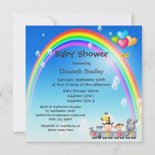 Invitation Animaux, filles, train et Baby shower arc-en-ciel (Devant)