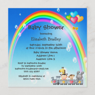 Invitation Animaux, filles, train et Baby shower arc-en-ciel
